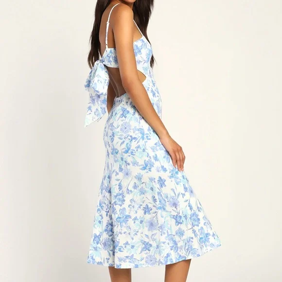 Lulus Serene Views Blue and White Floral Print Cutout Midi Dress Size Large - Picture 3 of 13